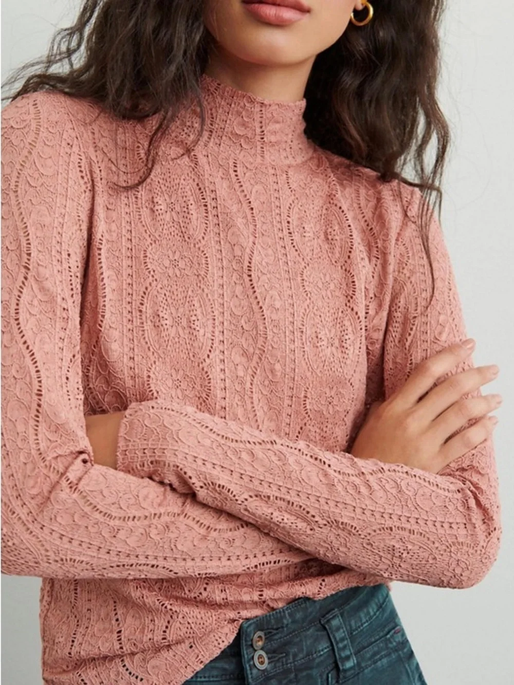 Anthropologie Dusty Rose Lace Mock-Neck Blouse